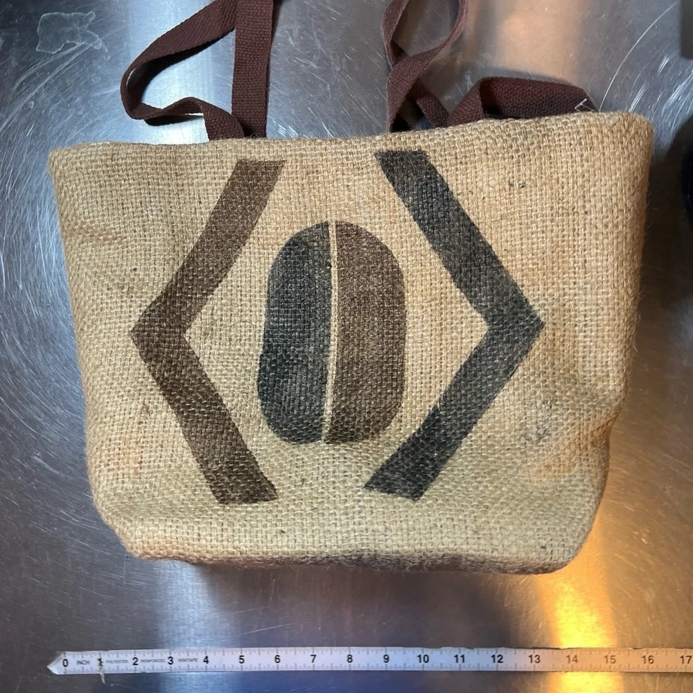 Helen Troy Bag‎ Brown Straps Jute Printed Logo Coffee Bean Tote Style - Picture 5 of 8
